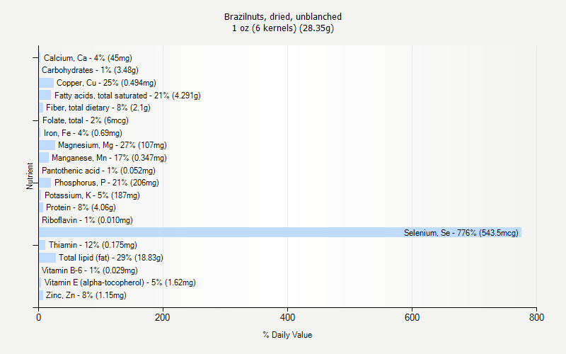 % Daily Value for Brazilnuts, dried, unblanched 1 oz (6 kernels) (28.35g)